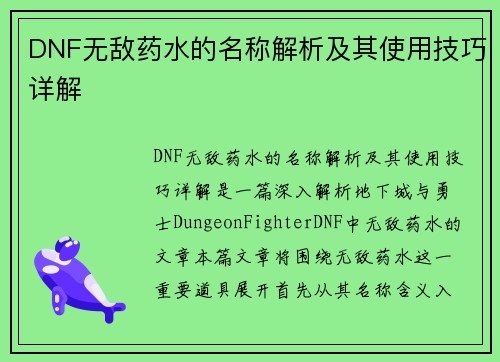 DNF无敌药水的名称解析及其使用技巧详解